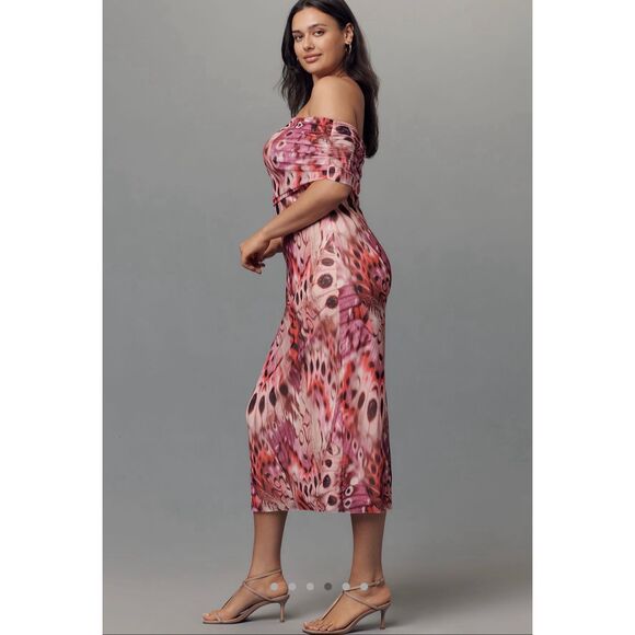 NEW Anthropologie AFRM Zamora Off The Shoulder Mesh MIDI Dress XL Berry Butterfl - Picture 2 of 10
